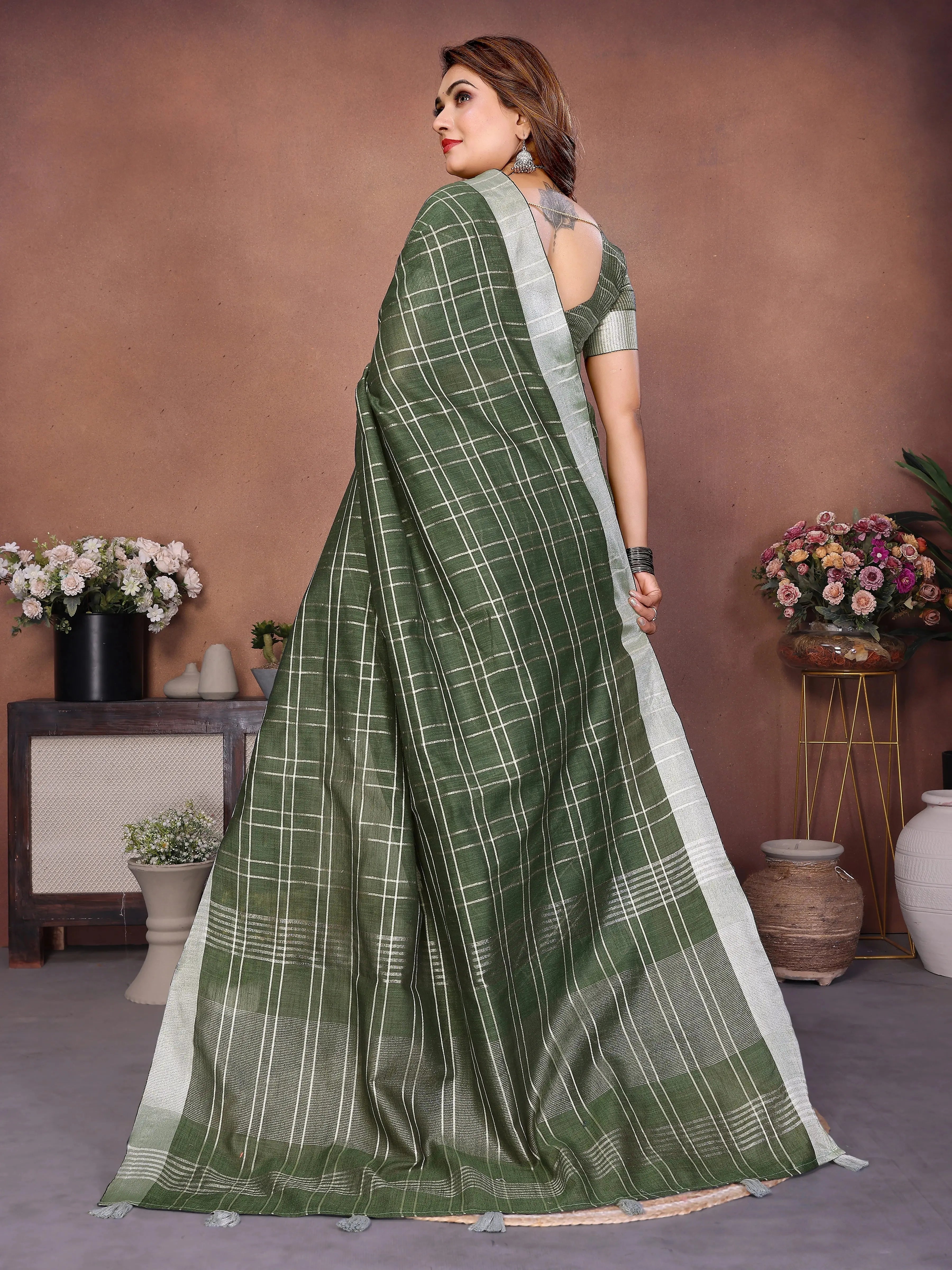 Dark green silver weaving linen saree – Kalyanja.